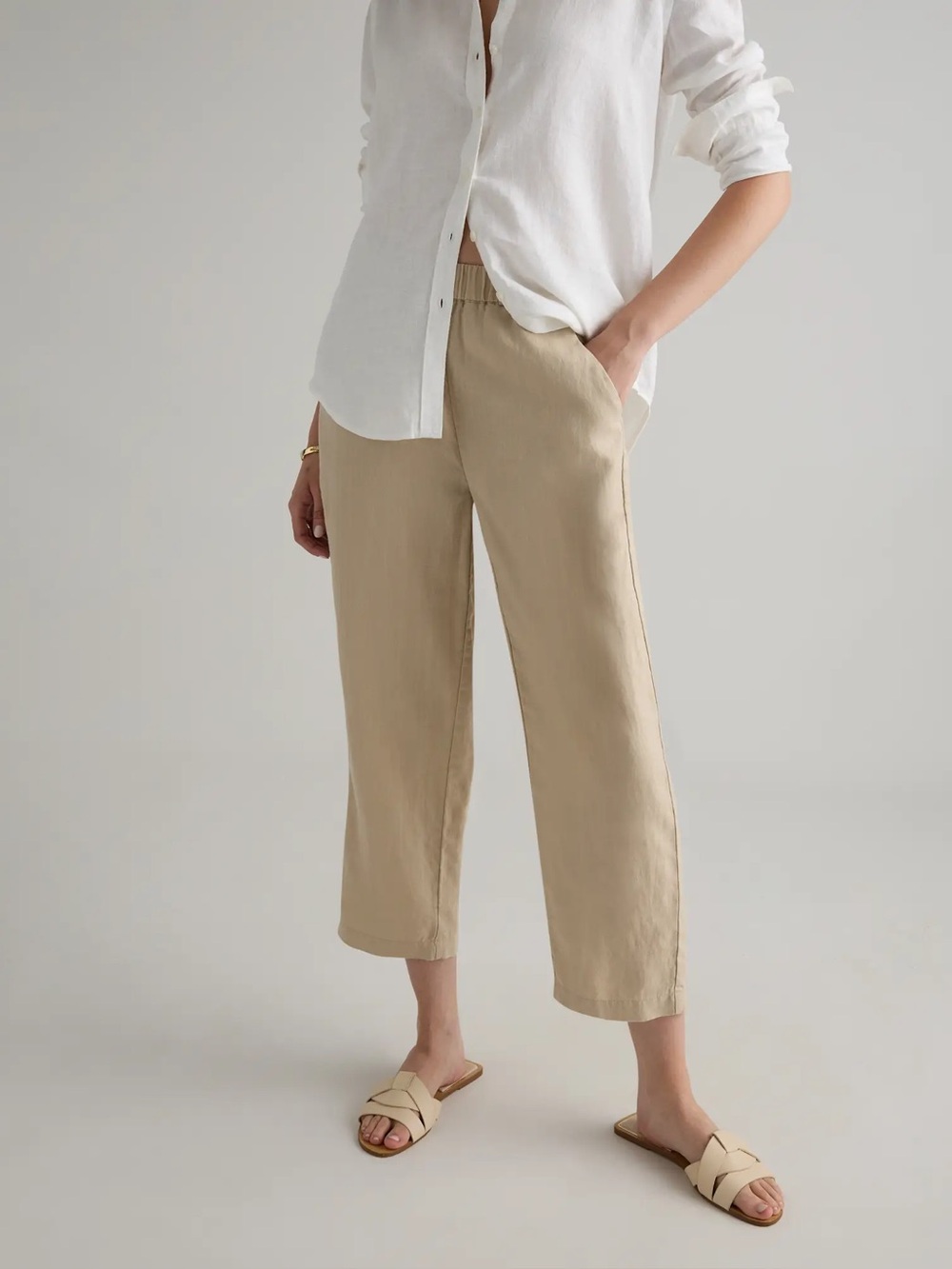 Quince Beige 100% European Linen 25" Pants Small Relaxed Pull On Elastic Waist